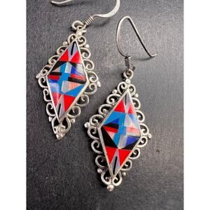 Vintage Zuni-Style Multicolor Sterling 925 Inlay Gemstone Drop Earrings